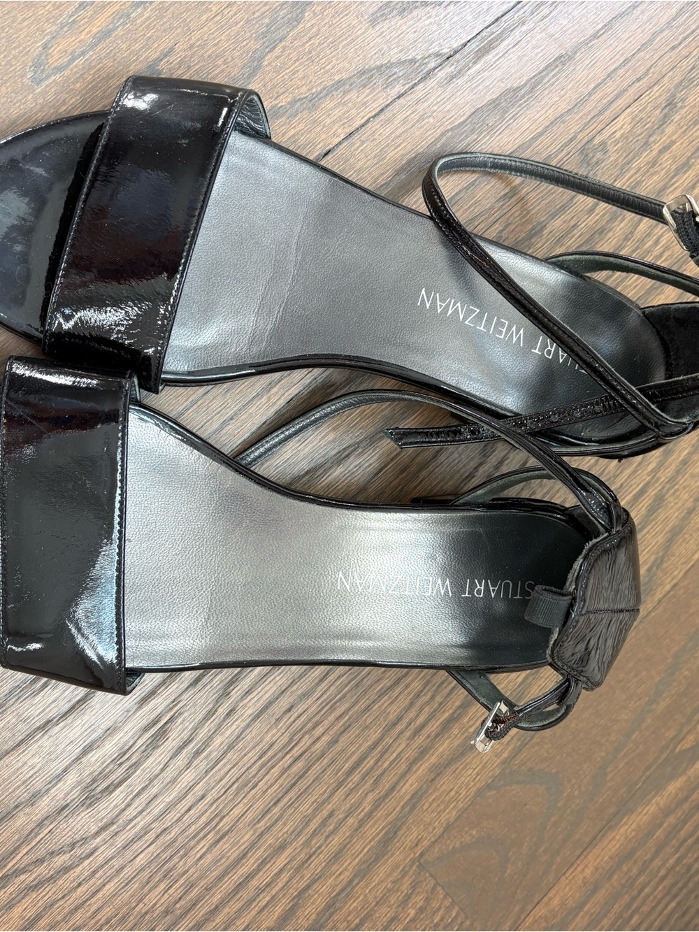 Stuart Weitzman Black Patent Leather Strappy Open-Toe Sandals
